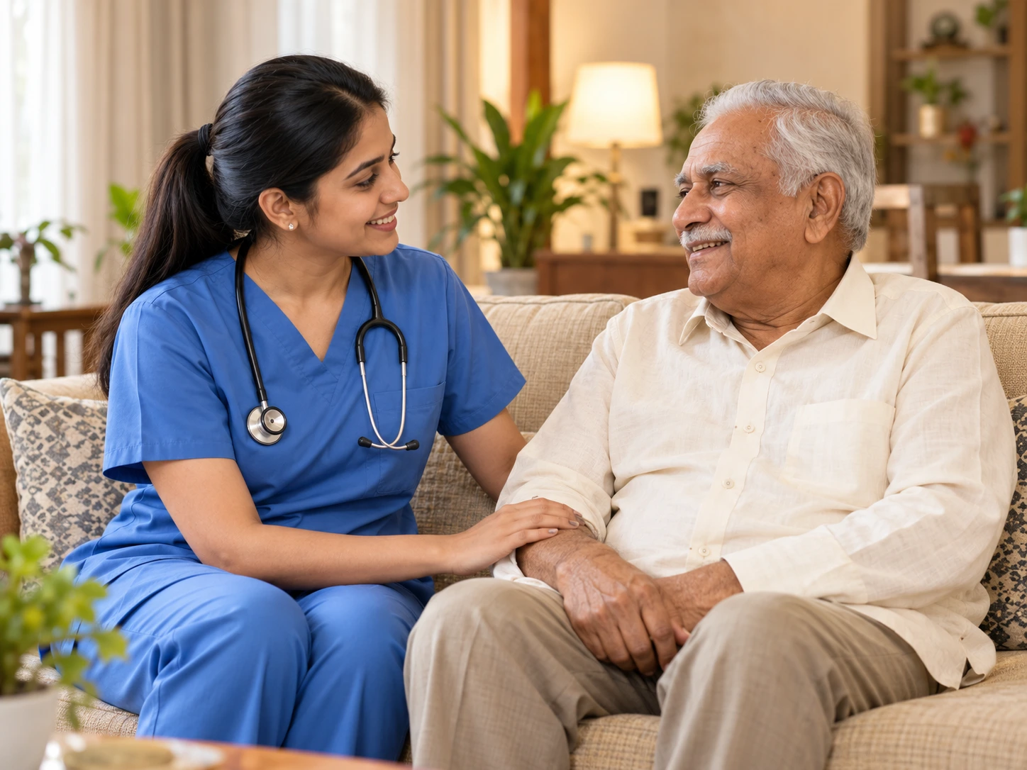 A friendly home nurse caring for an elderly man